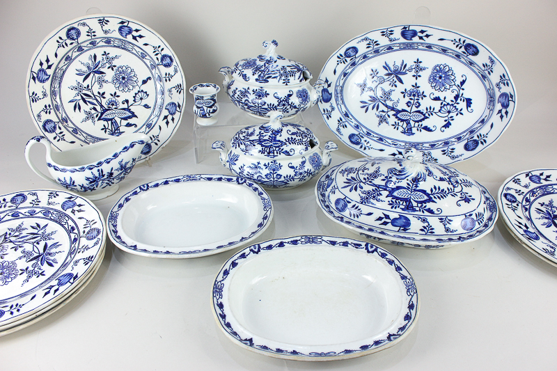 A collection of Wedgwood porcelain 'Onion' tableware in blue and white, comprising three tureens (