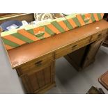 Edwardian ash wood twin pedestal desk with composition top skiver.