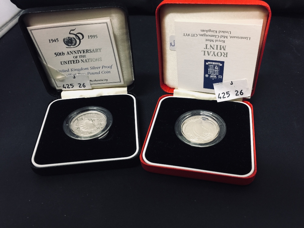 Coins: Royal Mint. Silver Piedfort 1995 WW2, and 1995 50th Anniversary of the UN. Cased.