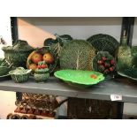 20th cent. Green cabbage and salad, leaf and vine plates, serving bowls, dishes, oil bottle,