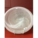 Art and Designer Glass: Opalescent glass bowl, white swirls. Approx. 15¾ins diameter x 3¼ins high.