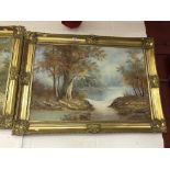 Late 20th cent. Pair of continental studies of forest and rivers in elaborate gilt frames. 24ins.