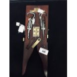 Corkscrews/Wine Collectables: Travel tool set in a shaped mahogany case, includes boot pull,