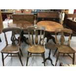Early 20th cent. elm kitchen chairs slat back, turned supports and a piano stool.