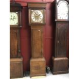 18th cent. Oak long case clock, 8 day, brass dial and spandrels, silvered chapter ring, Roman