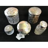 Hallmarked Silver: Dressing table pots. Rouge pot, glass base, silver top. Cut glass pot with