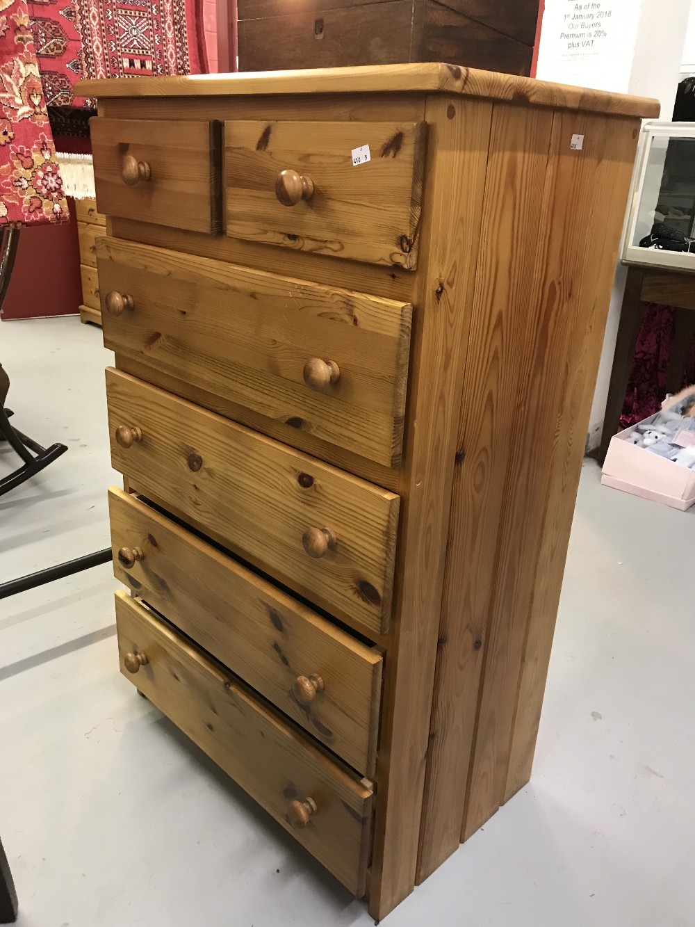 20th cent. Varnished pine two over four chest of drawers. 29ins. x 46ins. x 18ins.