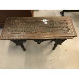 20th cent. Oak carved table, the base with carved Latin inscription translates, 'Each house has it's