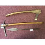 Edged Weapons: East African Kikuyu steel headed axe with treen shaft x 2, plus a short spear head.