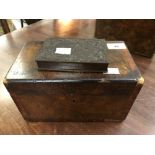Boxes: Walnut tea caddy & an embossed Bakelite Union case, velvet lined.