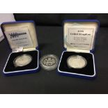 Coins: Royal Mint. £5 silver proof 2000, 1990, 1998. 2 boxed.