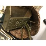 20th cent. Basket weave large log basket. Brass coal scuttle & magazine rack and various fire