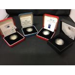 Coins: Royal Mint. 2 x silver proof Piedfort £1 2000, 2002 and 2 x silver proof £1 1994, 2010.