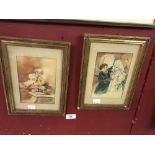 Russian School: Watercolours "Young Child Eating" and a "Young Couple Marrying". Both in the style
