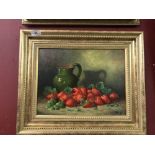 Marc Thouy 1946: Oil on canvas still life of strawberries and a jug 13¾ins. x 10¾ins. Signed lower