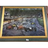 Motor Racing: Ted Weaver Oil on board of a Formula one race with a McClaren leading two Ferrarris.