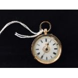 Watches: Ladies gold 18ct. pendent watch, white enamel dial with ornate gilt decoration.