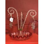 19th cent. Ruby and clear glass epergne with spiral decoration. 3 branch.