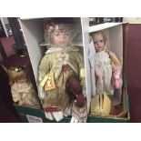 Toys: Alberon dolls, Jenny fair doll, cotton dress, pink coat and boy on stand, Eleanor, red hair