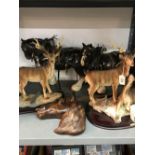 Ceramics & Resin Figures: 2 ceramic Melba shire horses, 2 Juliana collection resin stags and a treen