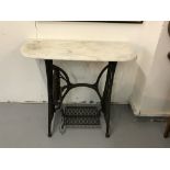 19th cent. Wrought iron Singer sewing machine treadle table with white marble top. 36ins. x 30ins. x