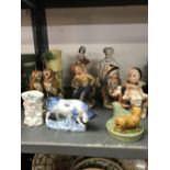Ceramics: Figurines including Capo di monte, a Portuguese majolica, spill vase with frogs and a wade