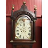 19th cent. Mahogany cased long case clock, moon faced dial, painted second hand and date, Roman