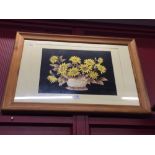 Artwork: 20th cent. Raffia work collage of sunflowers in a basket. Framed and glazed. 19ins. x