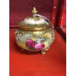 Royal Worcester: Pot pourri, c1920, gilt and hand painted with roses.