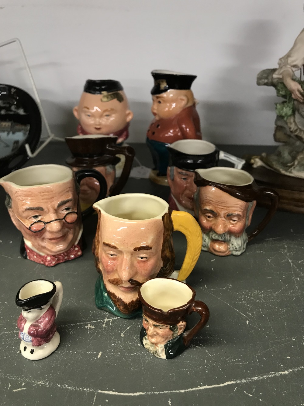 20th cent. Ceramics: Lancaster Pottery Charlie jugs, Falstaff, Tally Ho, Mr Pickwick, Weller,