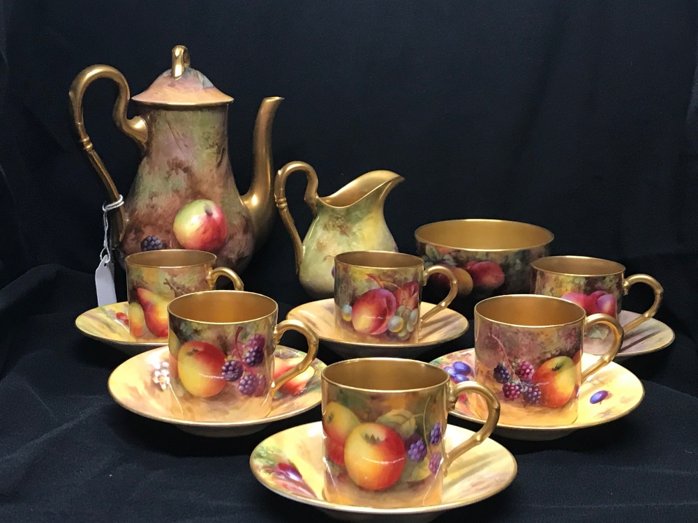 Royal Worcester Ceramics: Hand painted fruit pattern cabinet coffee set, painted with peaches,