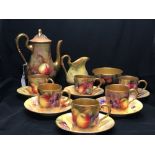 Royal Worcester Ceramics: Hand painted fruit pattern cabinet coffee set, painted with peaches,