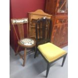 Mahogany carved stick back chair, a beech kitchen chair, plus a pine 3 shelf corner cupboard, wall