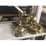 Brassware: 20th cent. Desk bell, candlesticks, vase, goblet, cover, egg cups x 2, dish, bowl and