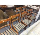 20th cent. Set of six beech chairs including 2 carvers with floral regency style cushions.