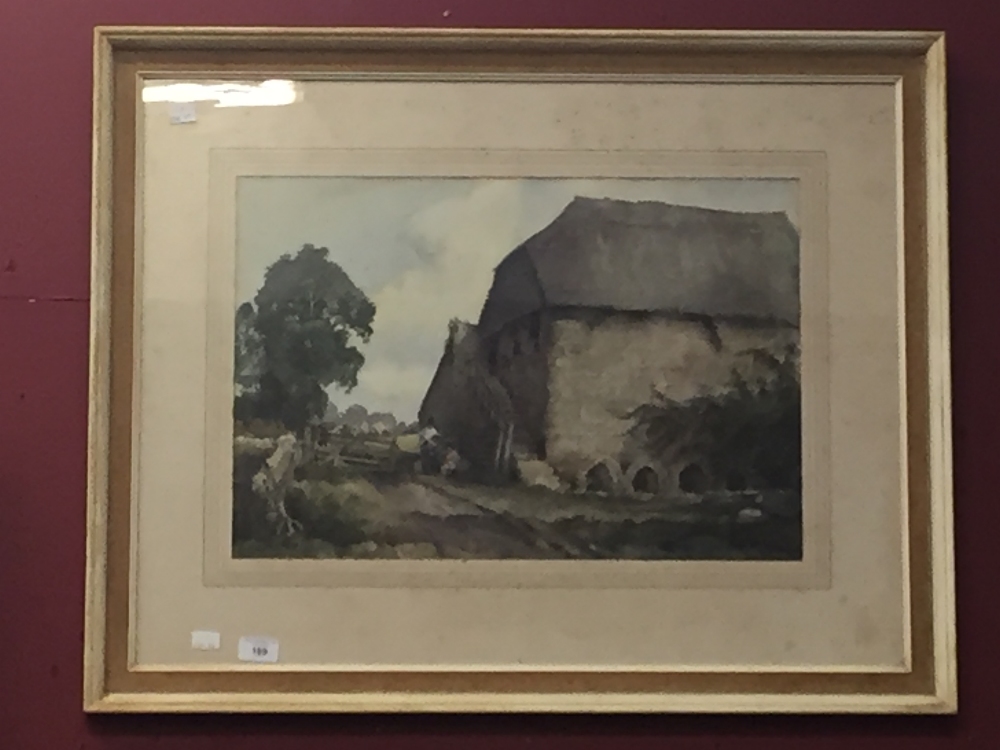 Eric Sturgeon: Watercolour "Milking maids by a barn with cattle". Signed lower left. Framed and