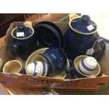 20th cent. Denby Ware Pottery: Large teapot, blue glaze, applied mark under glaze 8ins., small