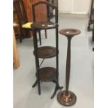 20th cent. Beech folding cake stand plus a small ashtray stand.