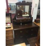 20th cent. Stained pine five drawer dressing chest with mirror and a long drawer below. Painted