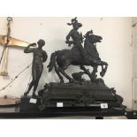 Spelter Ware: Figure of a knight on a rearing horse. Signed 'Awcaster'. 15ins. x 20ins. x 10ins.