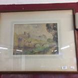 English school: Watercolour, town and river study with indistinct signature lower right. Framed