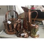 Copperware: 19th cent. Large kettle, large water/milk jug, small kettle and copper and brass caddy.