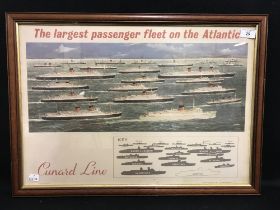 OCEAN LINER: Cunard Line, agent's poster "The Largest Passenger Fleet on the Atlantic". Framed and