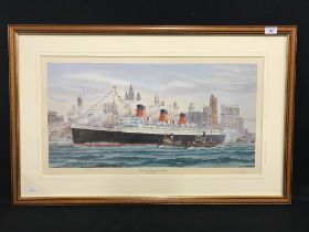 OCEAN LINER: Limited edition print "The Queen Mary at New York" 381 of 850, signed by Captain