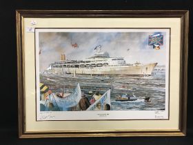 OCEAN LINER: Limited edition print of "Normandie" & "Britannia Rules", signed by Canberra's captain.