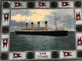 R.M.S. TITANIC: Decorative rug showing Titanic at sea, made by Stoddard Carpets of Johnston