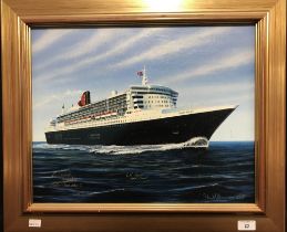 OCEAN LINER: Stuart Williamson acrylic on canvas of the "Queen Mary II", signed by Commodore Ron