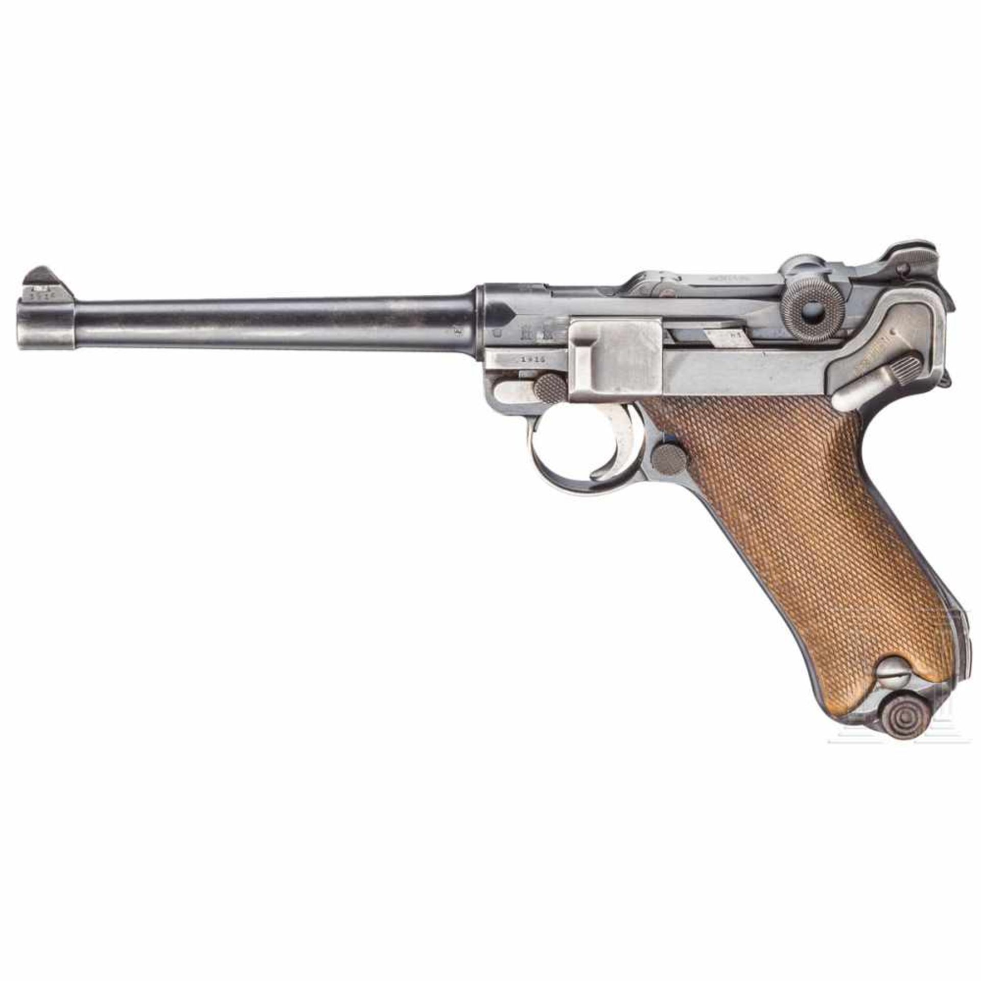 Pistole 04 (1914), DWM 1916Kal. 9 mm Luger, Nr. 5551, Nummerngleich. Lauf matt, Länge 150 mm.