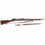 Kurzgewehr Kropatschek Mod. 1886, mit BajonettKal. 8x60R, Nr. A567, Nummerngleich (!). Blanker Lauf.