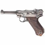 Pistole 08, Mauser, Code "1937 - S/42", mit TascheKal. 9 mm Luger, Nr. 3747d / 1719, Griffstück